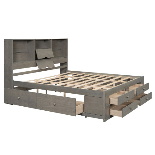 Queen King Size Platform Bed with Storage Drawers Bookcase Headboard Bed Frames