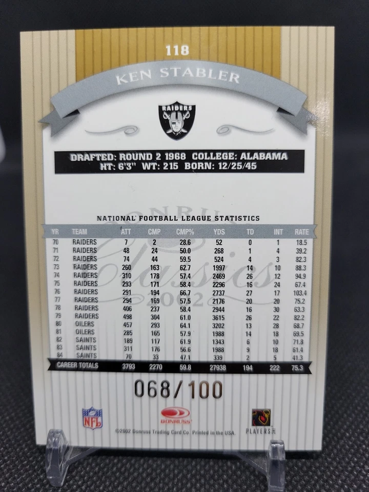 2002 Donruss Classics Timeless Tributes #118 Ken Stabler 68/100 - Image 2 of 2