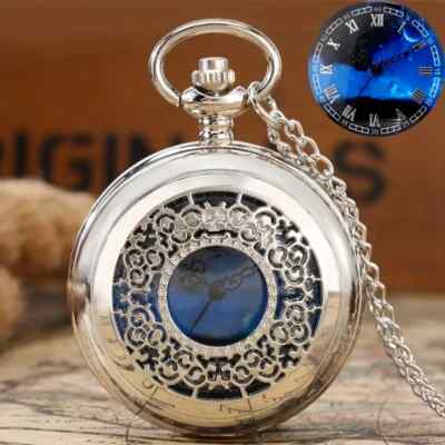 Reloj bolsillo cuarzo hueco grabado flore estilo bohemio esfera noche estrellada