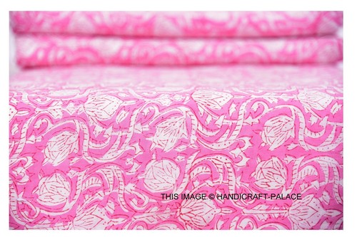 3 Yard Hand Block Print Running Pink Cotton Fabric Indian Dressmaking Material - Picture 3 of 3