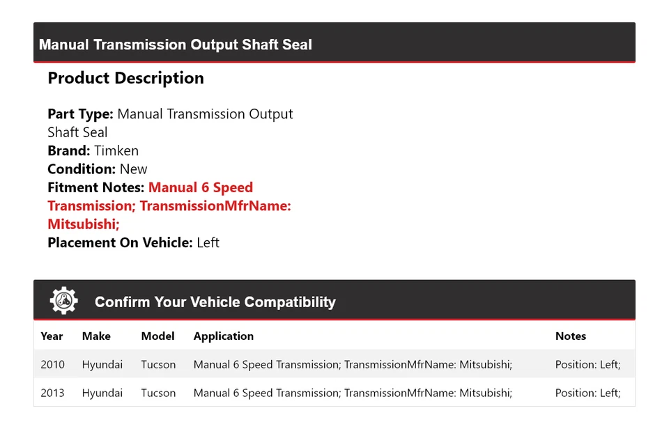 Sello del eje de salida de transmisión manual Timken izquierdo para Hyundai Tucson 2010, 2013 Foto 2 de 4