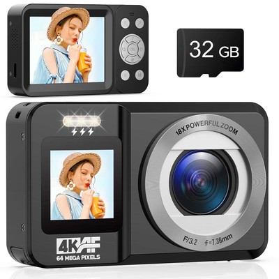 4K UHD Digitalkamera, 64MP Fotokamera Selfie Dual Bildschirme Kompaktkamera+32GB