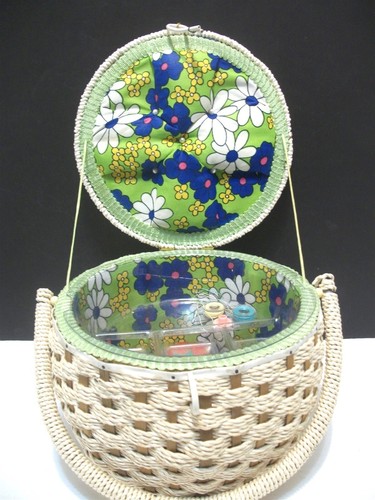 MCM Flower Power Wicker Sewing Basket Lined w Tray Japan - Picture 3 of 15