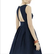 Alfred Sung Fit And Flare Open Back Dress D679 in Midnight Navy Blue Size 2