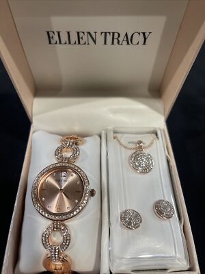 Ellen Tracy Rose Gold Watch/Necklace/Earring Set New