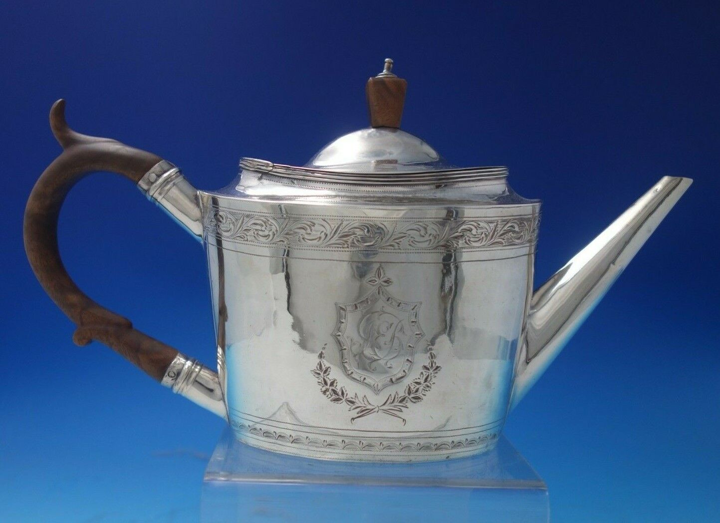 Solomon Hougham English Georgian Sterling Silver Tea Pot w/ Wood c.1796 (#5519)