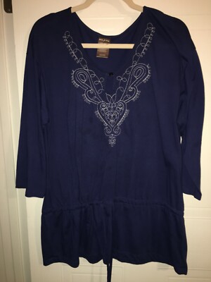 White Stag Womens Blue 3/4 Sleeve Top w White Embroidery Size 2XL