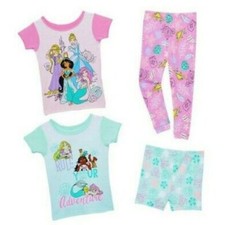 DISNEY  Girls 4 Piece Princess  Pajamas Set - Rapunzel Jasmin Ariel Girls
