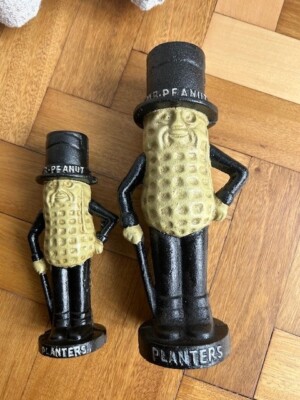 2 Vintage Man Cave Gusseisen Mr Peanut Münzbanken 10-1/4'' und 7-3/4'' schwer! (G4)