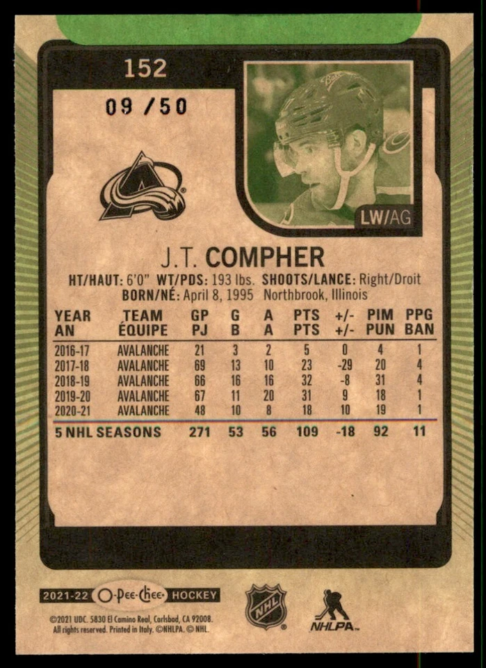 2021-22 O-PEE-CHEE NEON GREEN BORDER J.T. COMPHER 09/50 COLORADO AVALANCHE #152 - Image 2 of 2