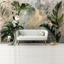 BOTANIC & Concrete Effect Photo WALLPAPER Monstera Wall Mural GREEN Exotic Leaf