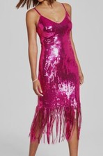 Guess Womens Pink Sequined V-Neck Fringe-Hem Slip Dress Size 4