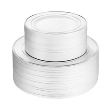 Disposable Plastic Party Plates Silver Rim 7.5"&10.25" Heavy Duty Dinner Plates