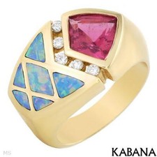Kabana 14K Yellow Gold Ring 1.35 ctw Rubellite, Diamonds & Opal. Size 6.5. New