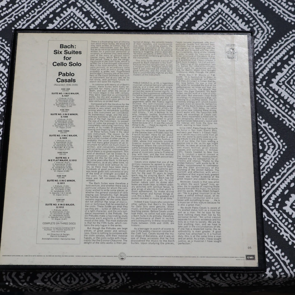 PABLO CASALS complete BACH Solo Cello Suites #1-6 ANGEL 3 LP FREE SHIP USA CAN - Image 2 of 3