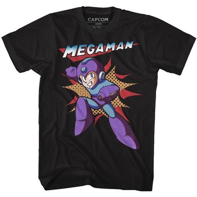 Mega Man T-Shirt Kurzarm Herren Crew Neck Nerd Schwarz Cotton Preshrunk Regular