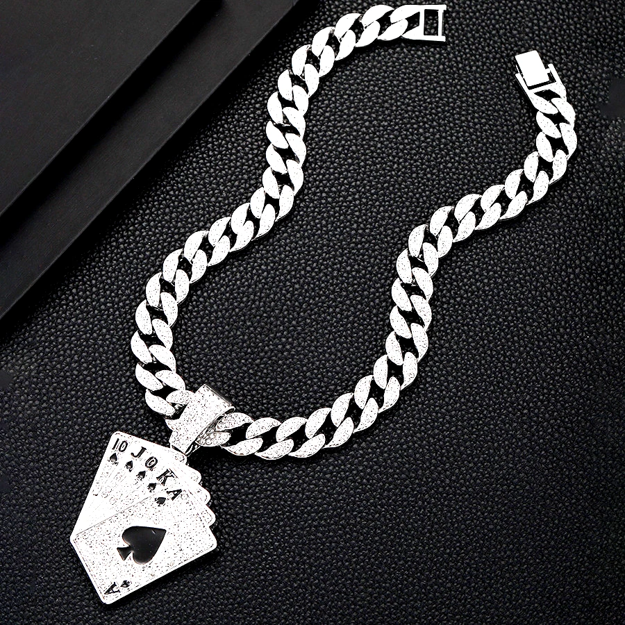 Collar colgante de tarjeta de póker helada de hip hop para hombre - As de picas dorado y plateado Foto 4 de 4