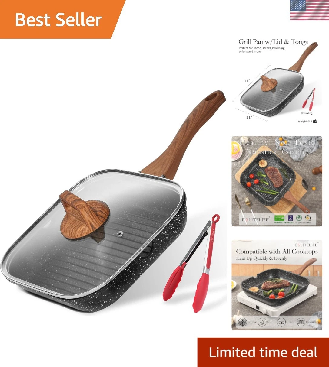 11 Inch Nonstick Grill Pan with Lid Indoor Cooking Induction Square Skillet
Opens in a new window or