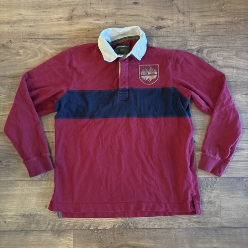 Vintage Eddie Bauer Shirt Rugby Stripe Blue Red Button Collar - Men’s Medium