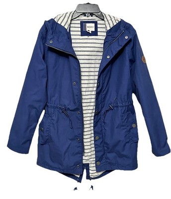 ROXY Navy Blue Waterproof Anorak Rain Full Zip Snap Hooded Jacket Coat XS