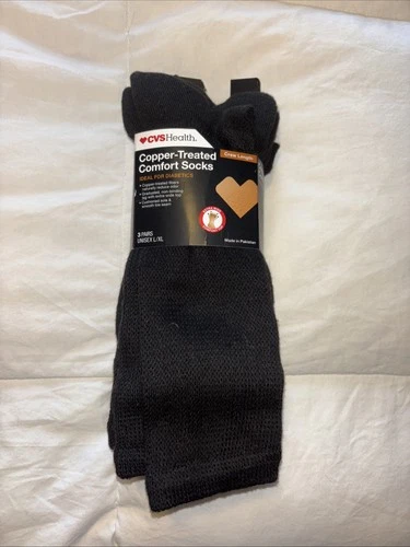 CVS Copper-Treated Comfort Unisex Crew Socks L/XL Black 3 pairs Odor Control