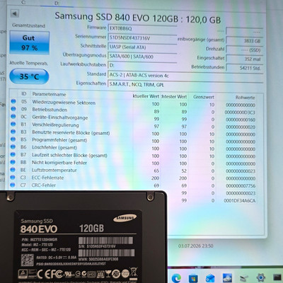 Samsung 840 EVO 120GB SSD 2,5 Zoll SATA III S.M.A.R.T. NCQ TRIM (MZ7TE120HMGR)