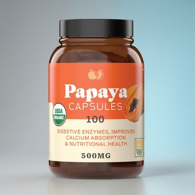 Organic Papaya Enzymes & Papain Capsules - 600mg 100 Pills Organic Papaya Powder
