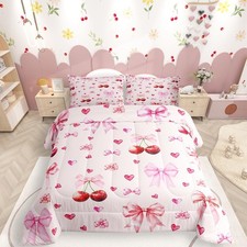 Cherry Bow Bedding Set for Girls Coquette Comforter,Pink Ribbon Bows Bedding ...