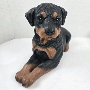 Vintage Rottweiler Resin Figurine Statue w Glass Eyes Realistic Laying Down 15"
