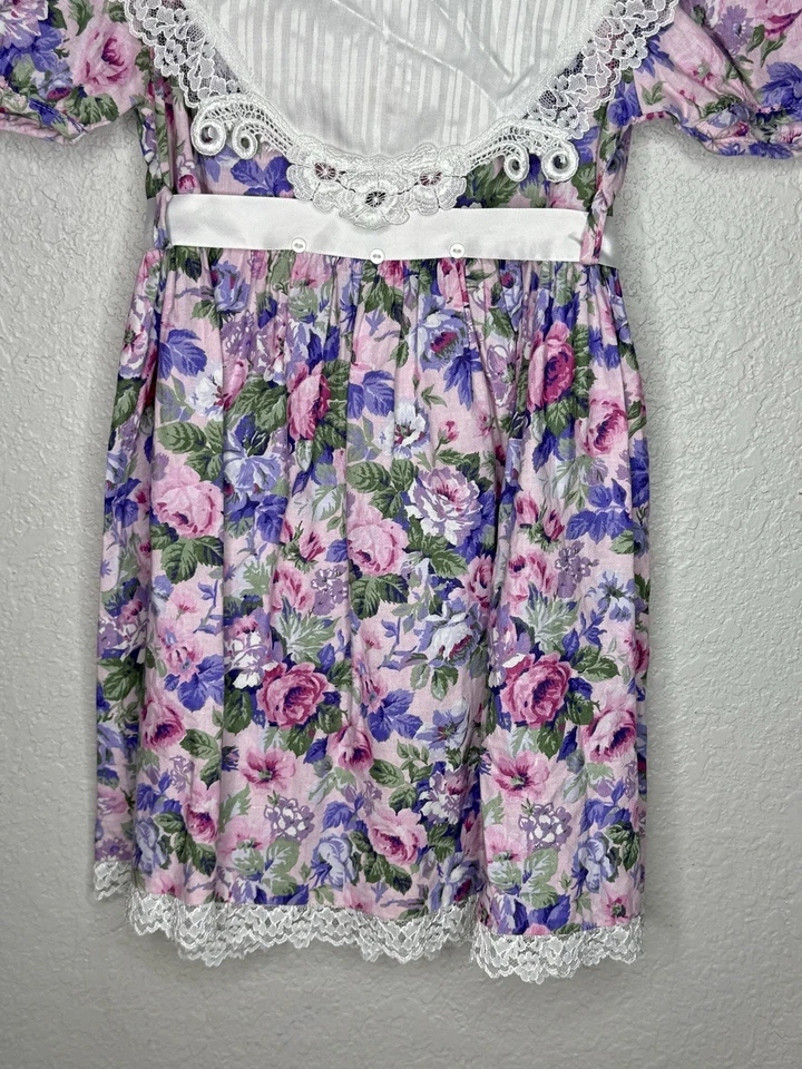 Vintage Girls Pink Purple Floral Lace Trim Puff Sleeve Dress Size 6x - Image 3 of 4