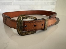 Vintage Jordache Western Brown Leather Brass Buckle Belt Embossed Horses 32  -35  