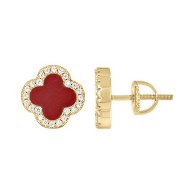 925 Sterling Silver Yellow Cubic-Zirconia Red Enameled Clover Stud Earrings 10mm