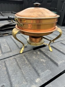 Copper & Brass Round Chafing Dish 2 Qt w/ Lid, Handles & Stand, 1 Compartment