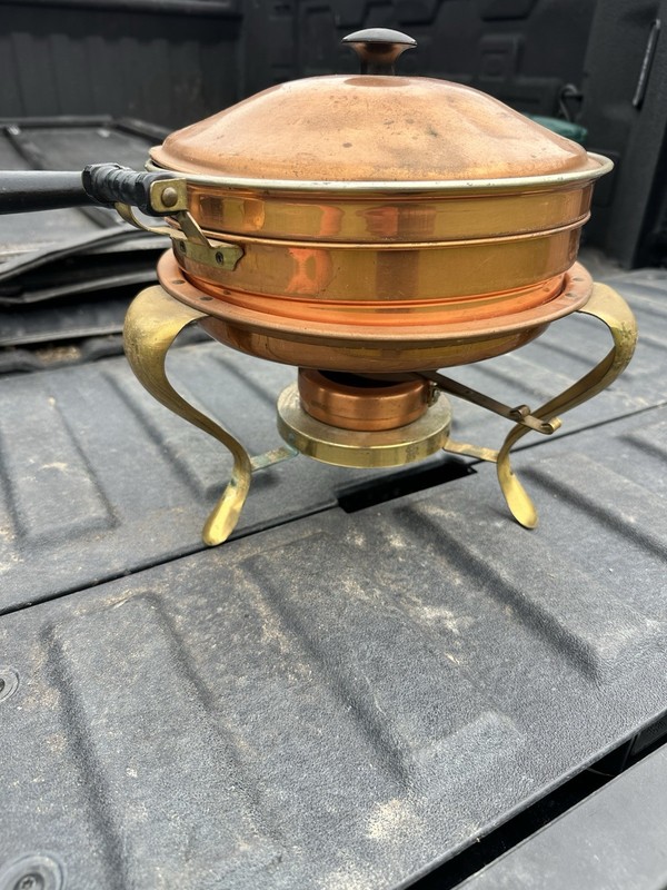 Copper & Brass Round Chafing Dish 2 Qt w/ Lid, Handles & Stand, 1 Compartment