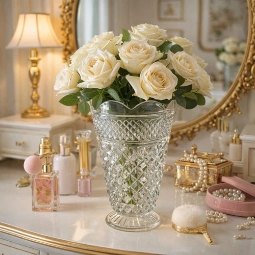 Vtg Anchor Hocking Wexford Clear Glass Footed 10" Vase w/ Scalloped Rim - 10”x5”