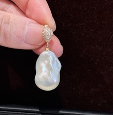 Genuine Freshwater White Baroque Pearl Pendant | Charm With Zirconia On Clasp