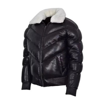 Mens Black Puffer Bomber Real Lambskin Leather Fur Collar Winter Quilted Jacket