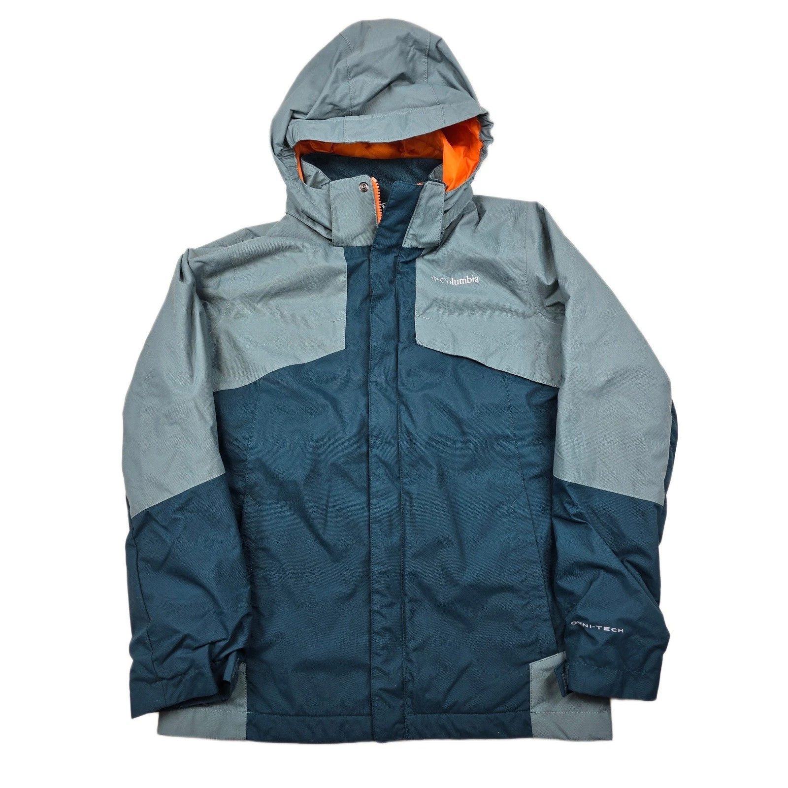 Columbia Omni-Tech Jacket Kids Large Blue Grey Nylon Waterproof Omni-Heat