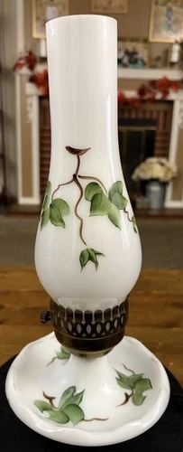 VTG - Hurricane Milk Glass Lamp - Painted Ivy Design - Slight Wear Gold See Pics