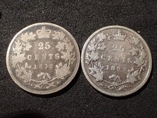 2 Victoria Canada Silver 25 Cents Quarters 1872 and 1892
