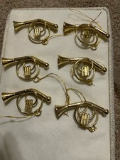 Set of 6 Solid Brass French Horns Ornaments Christmas Instruments