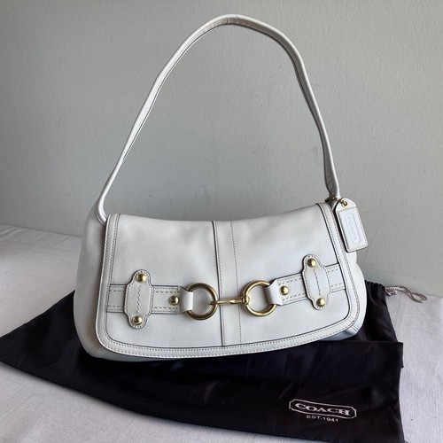 COACH Ergo Off-white Leather Belted Flap Shoulder Bag with Dust Bag Used #A495