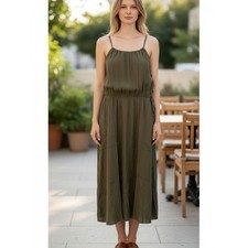 Spaghetti Strap Olive Midi Dress with Adjustable Waist