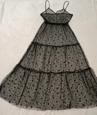 Womens Tulle Dress Long Straps Sheer Black Mesh Maxi Dresses Metallic Stars  Gown | eBay