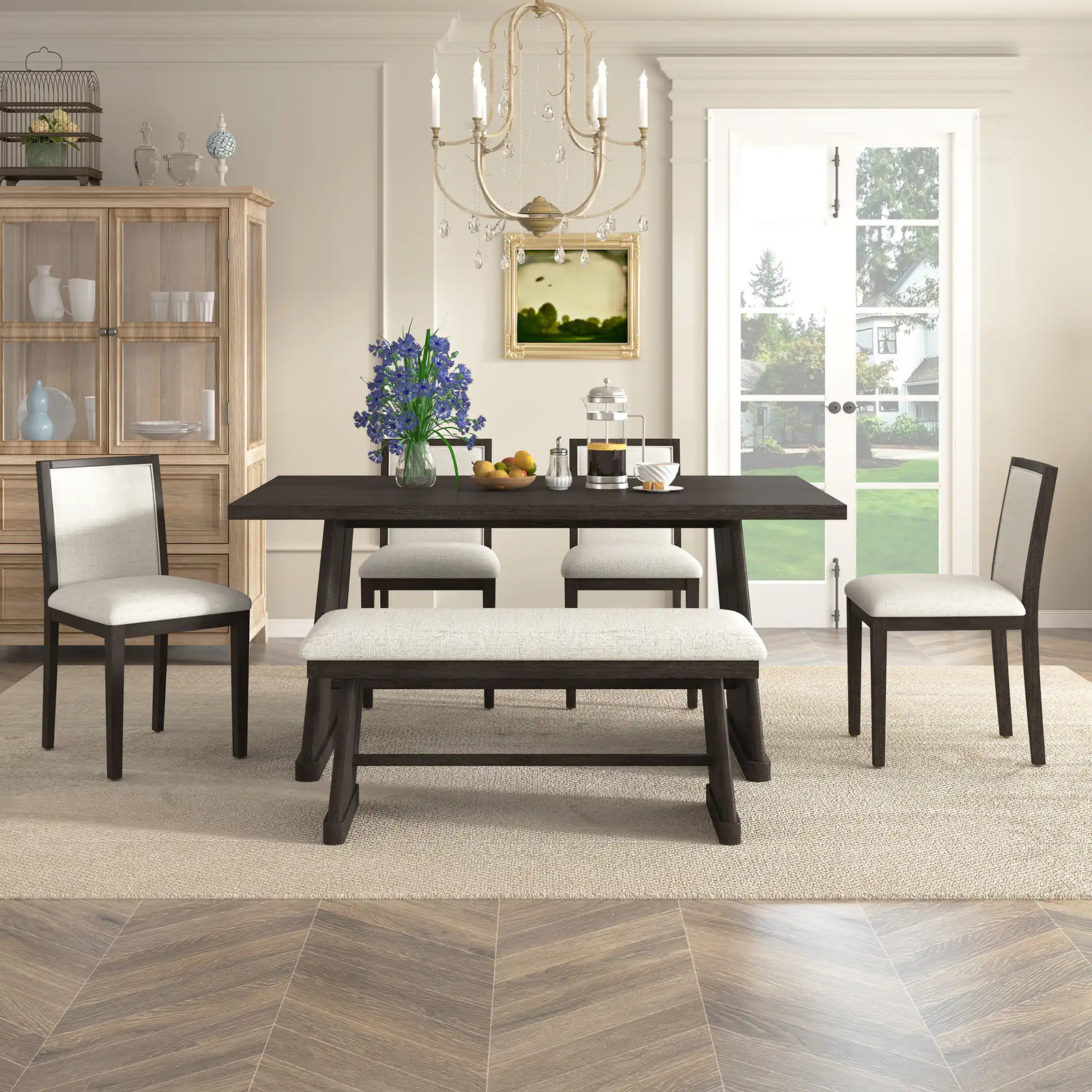 TREXM 6-Piece Rustic Farmhouse Dining Table Set with Wire Brushed Design, Rectangular Dining Table with Trapezoid Legs, 4 Upholstered Linen Chairs & 1 Padded Bench for Dining Room & Kitchen (Espresso)