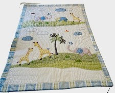 Pottery Barn Kids Baby Quilt Jungle Friends Blue Green Striped 37x50 Nursery