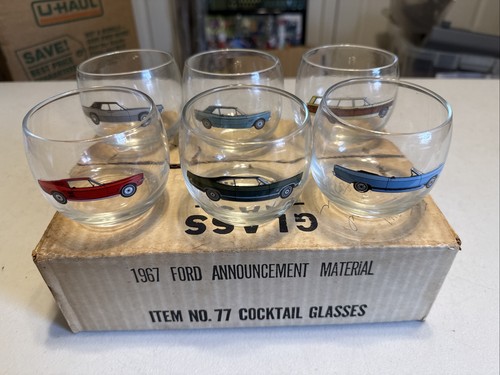 Set of 6 Vintage 1967 Ford Dealer Promotional Roly-Poly Whiskey Cocktail Glasses