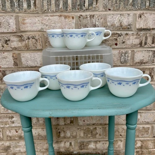 PYREX Morning Blue microwave safe mugs/cups 7 pieces milk glass Vintage