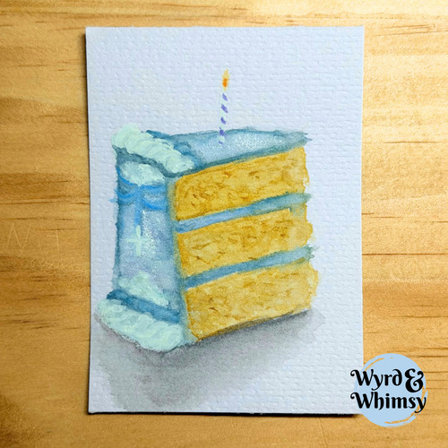 ACEO Original, Cloud Birthday Cake Slice Watercolor Painting by WyrdWhimsy