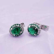 Oval Cut Lab Created Emerald Diamond Men's Suit Cufflink 14k White Gold Plated